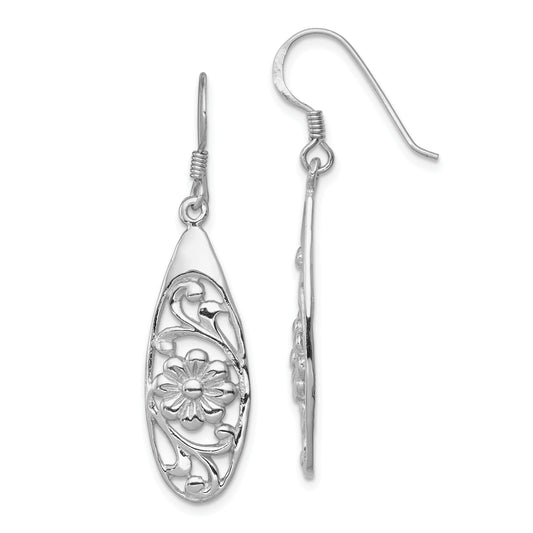 Sterling Silver Rhodium-Plated Polished Fancy Flower Dangle Earrings