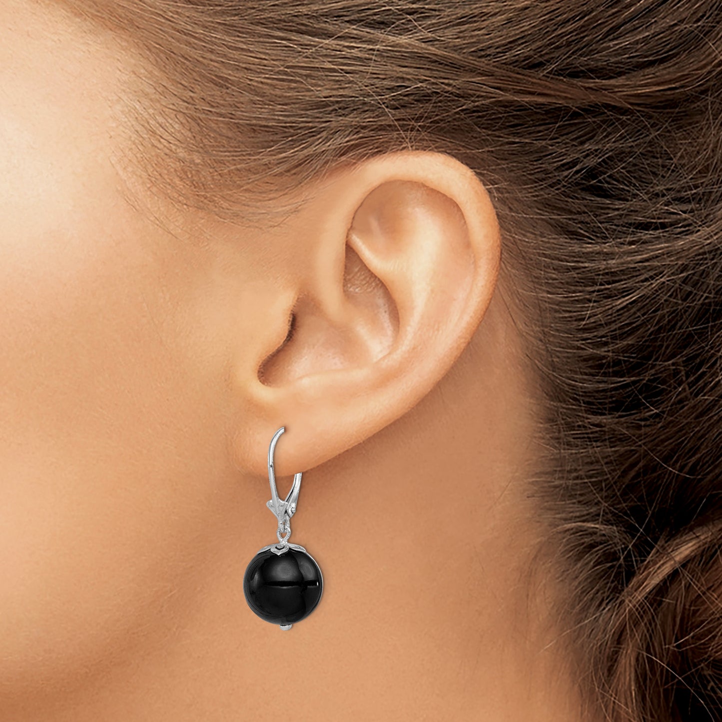 Sterling Silver Rhodium-Plated Polished Onyx Leverback Dangle Earrings