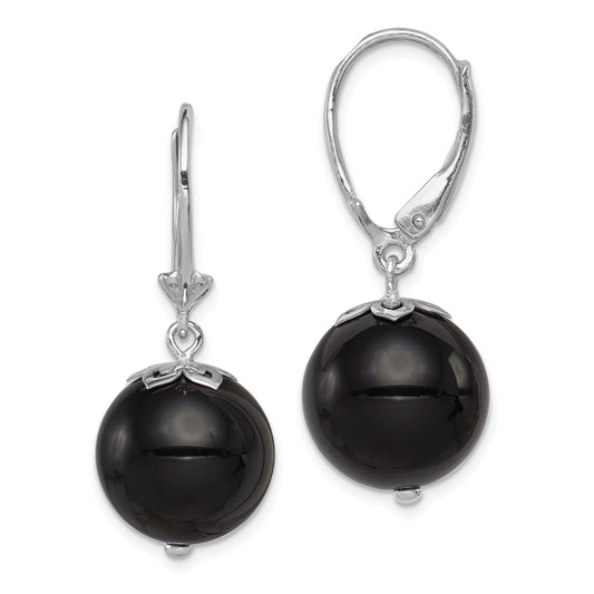 Sterling Silver Rhodium-Plated Polished Onyx Leverback Dangle Earrings