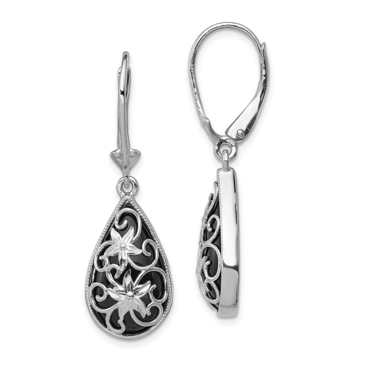 Sterling Silver Rh-Plated D/C Onyx Floral Teardrop Leverback Earrings