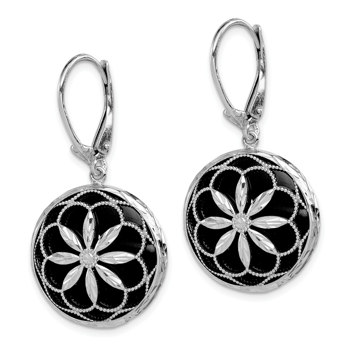 Sterling Silver Rhodium-Plated Beaded Filigree Diamond Cut Starburst Pattern Onyx Dangle Leverback Earrings