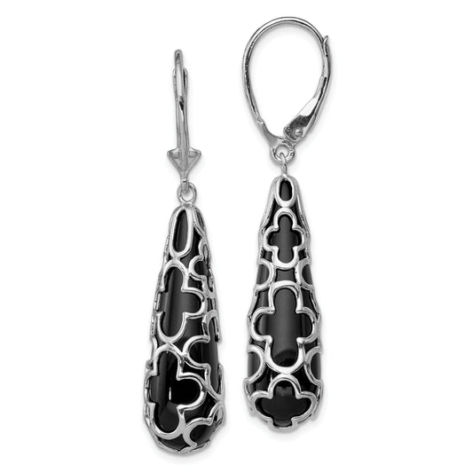 Sterling Silver Rh-Pltd Polished Onyx Teardrop Leverback Dangle Earrings