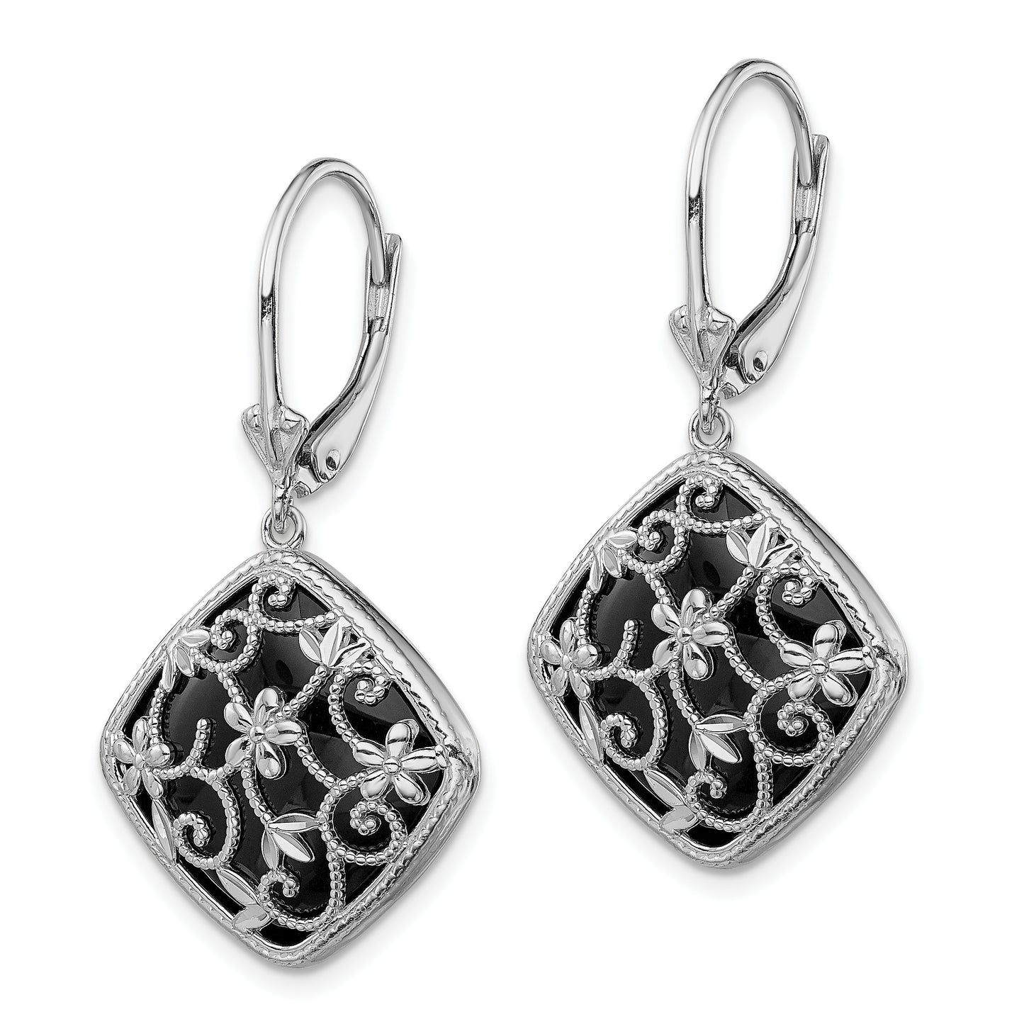 Sterling Silver Rhodium-Plated Filigree Floral Diamond Cut Shape Onyx Dangle Leverback Earrings