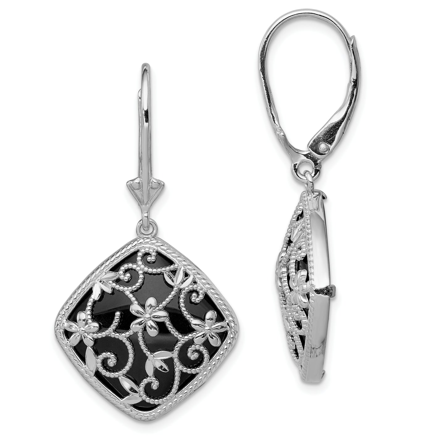 Sterling Silver Rhodium-Plated Filigree Floral Diamond Cut Shape Onyx Dangle Leverback Earrings