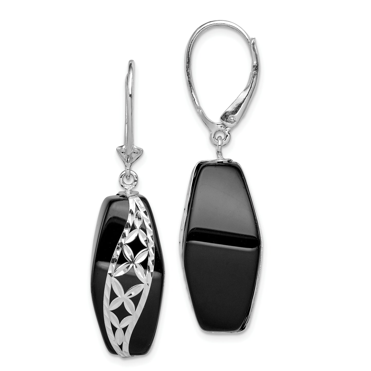 Sterling Silver Rhod-Plated Polished & D/C Onyx Leverback Dangle Earrings