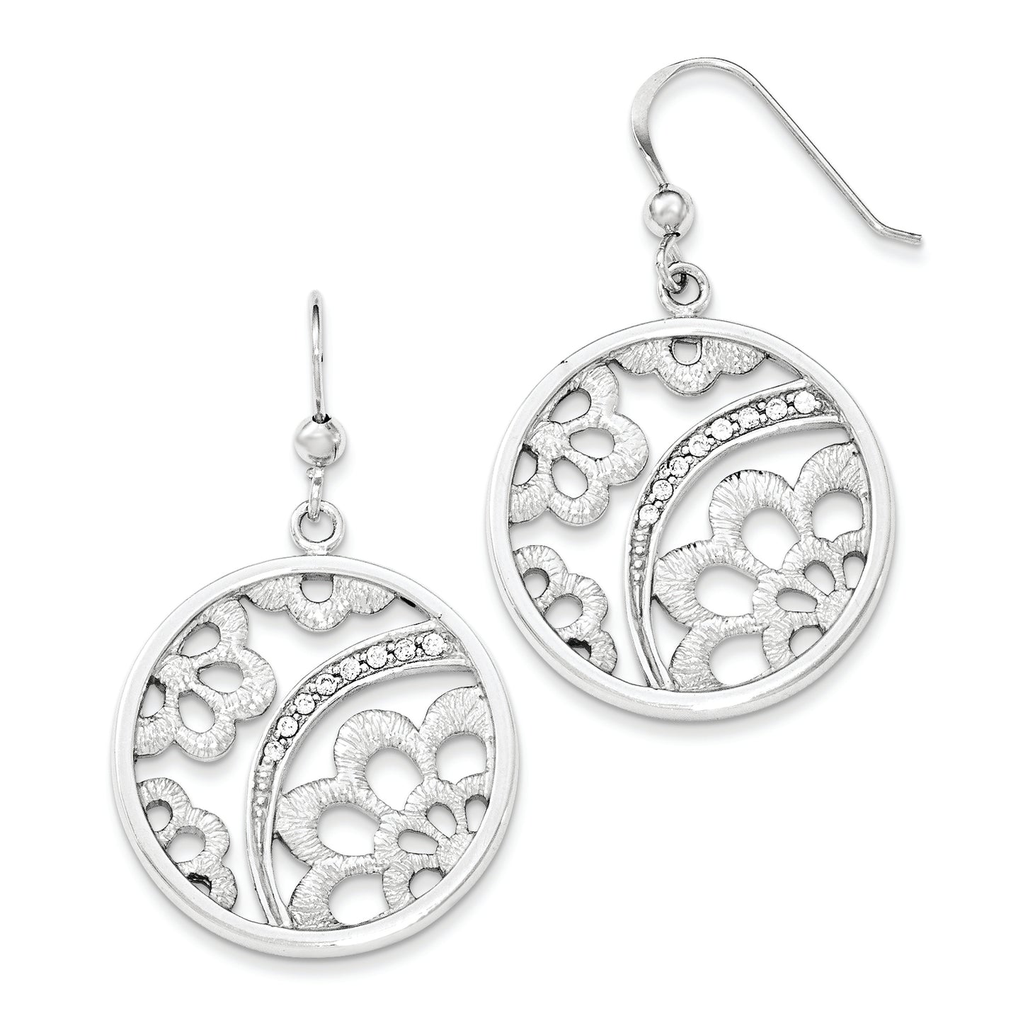 Sterling Silver Rhodium-Plated Cz Floral Round Dangle Earrings