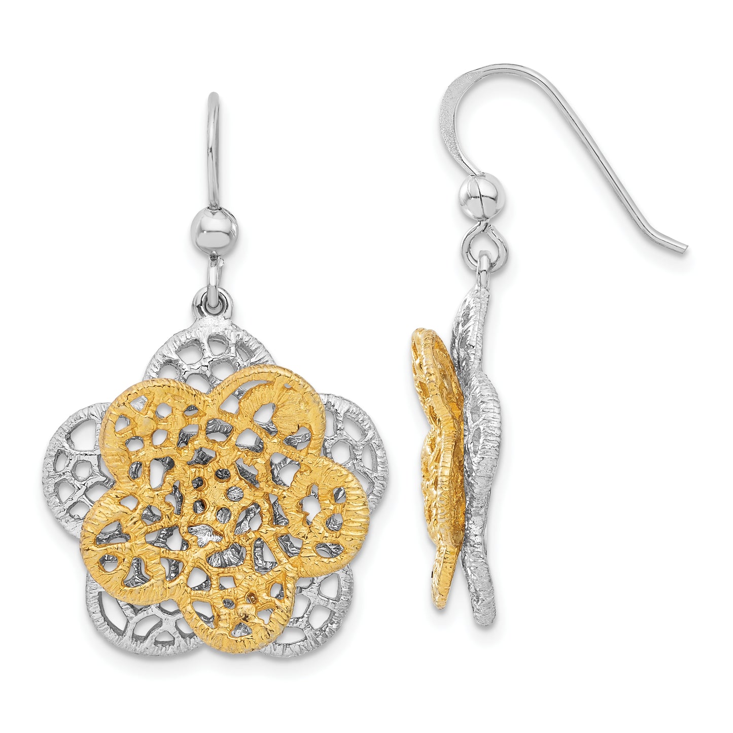 Sterling Silver Rhodium-Plated Gold-Tone Flower Dangle Earrings