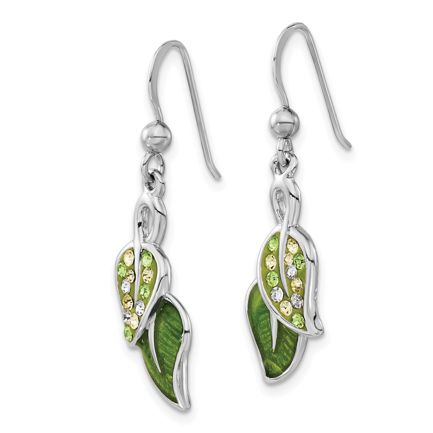 Sterling Silver Preciosa Crystal & Enameled Green Leaves Dangle Earrings