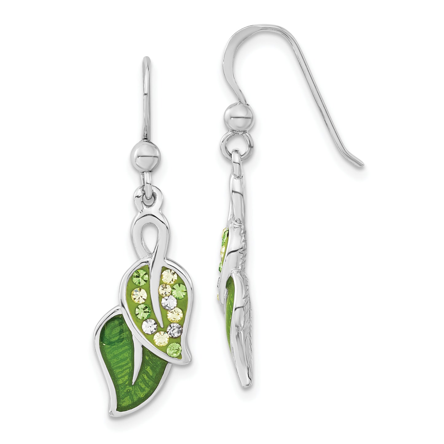 Sterling Silver Preciosa Crystal & Enameled Green Leaves Dangle Earrings