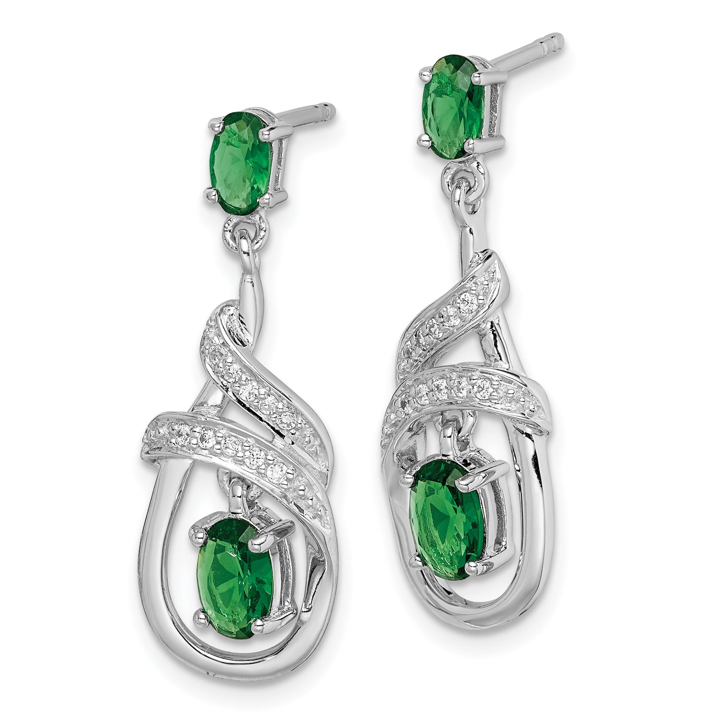 Sterling Silver Rhodium-Plated White/Green Cz Dangle Post Earrings