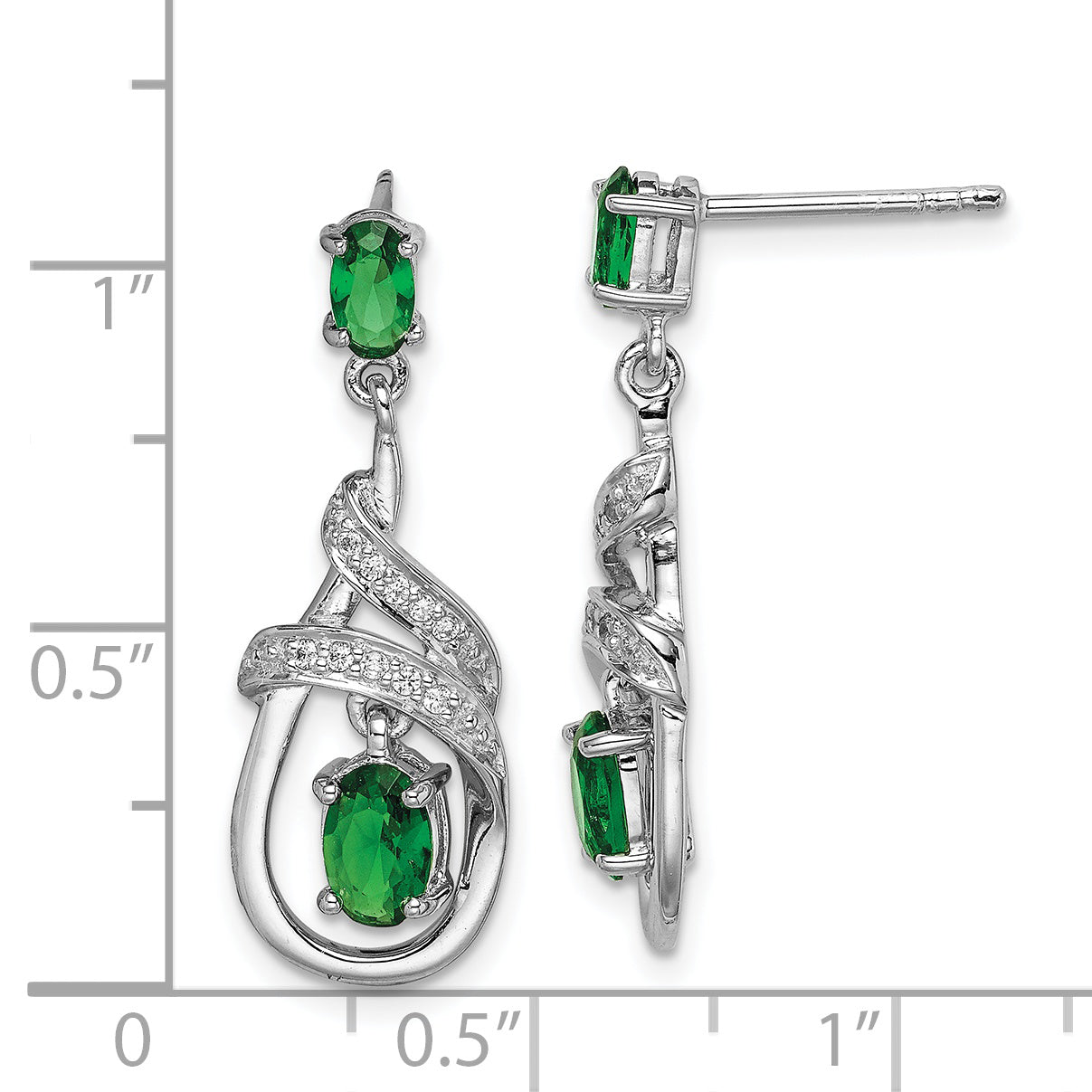 Sterling Silver Rhodium-Plated White/Green Cz Dangle Post Earrings