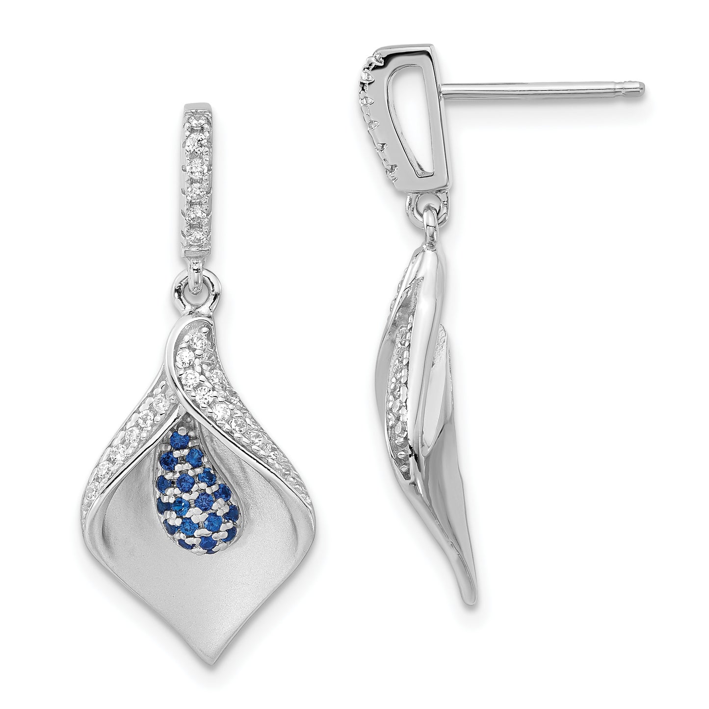 Sterling Silver Polished & Satin White Blue Cz Dangle Post Earrings