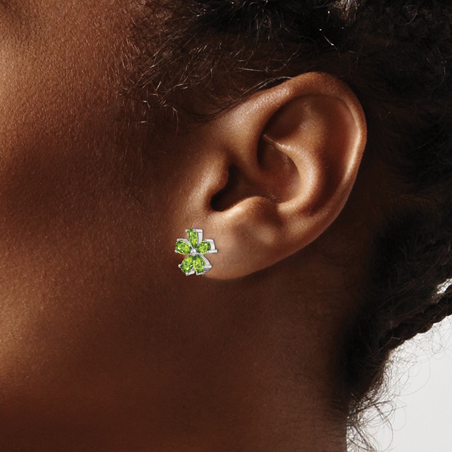 Sterling Silver Rhodium Plated Peridot Floral Earrings