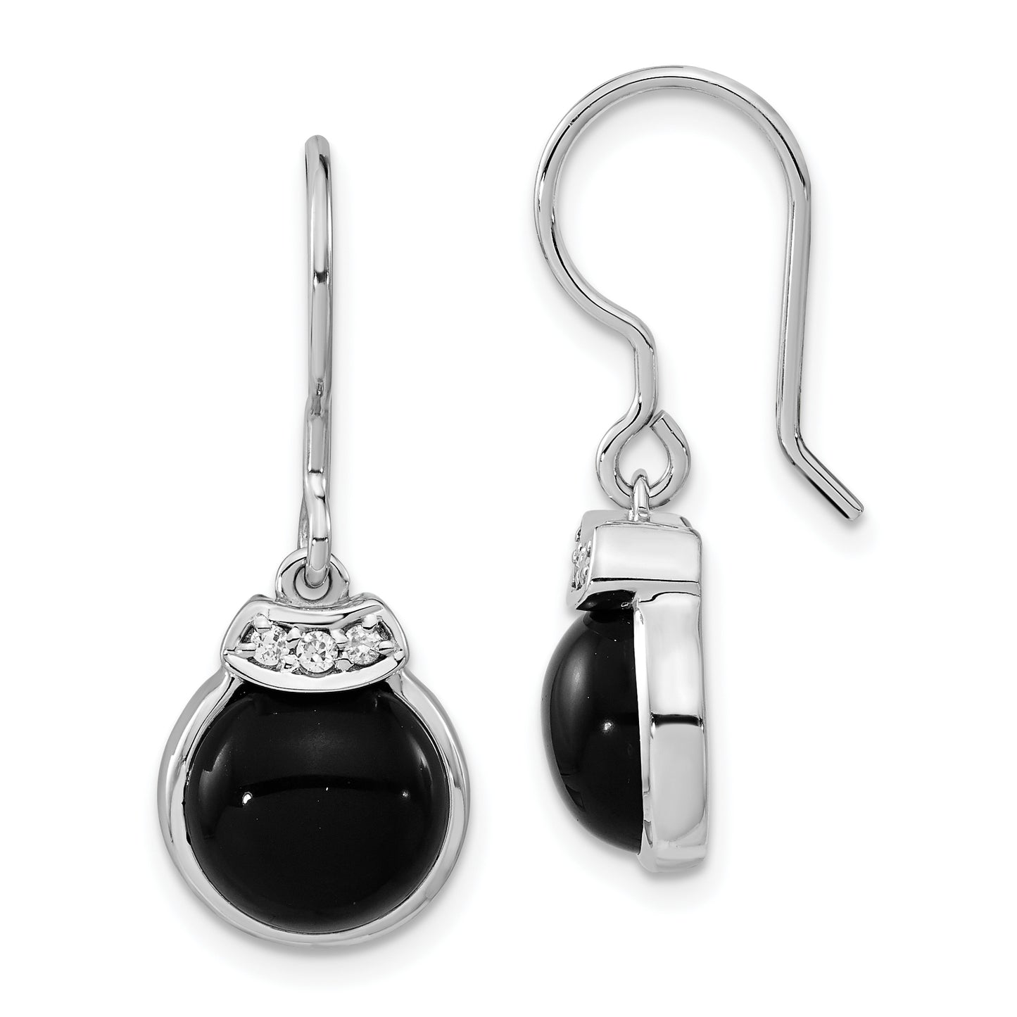 Sterling Silver Polished Round Black Agate & Cz Dangle Earrings