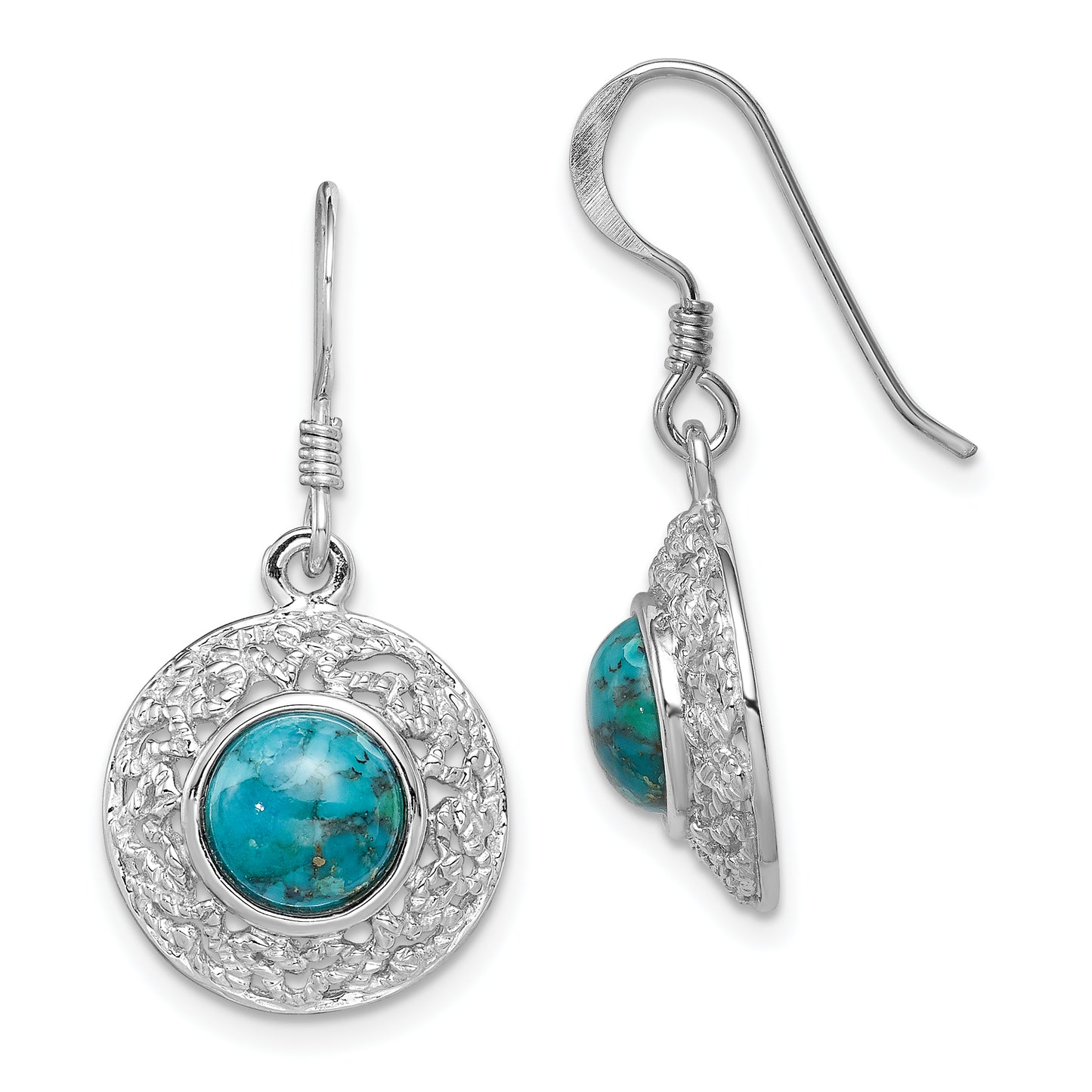 Sterling Silver Rhod-Plated W/Reconstituted Turquoise Dangle Earrings