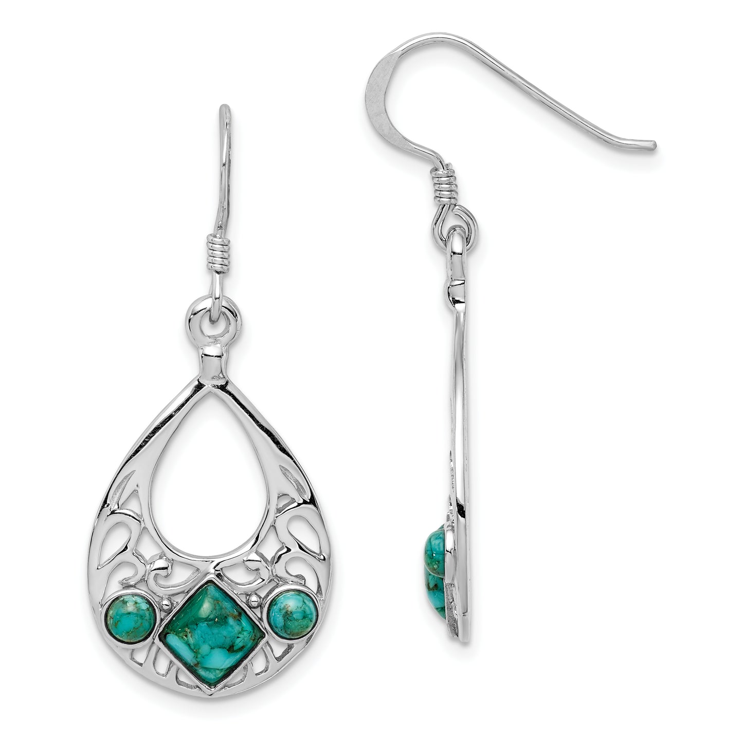 Sterling Silver Rhodium-Plated Recon. Turquoise Dangle Earrings