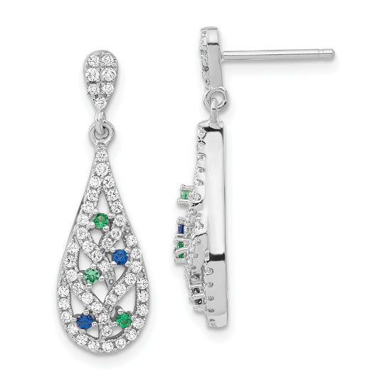 Sterling Silver Blue Green & White Cz Fancy Teardrop Post Dangle Earrings