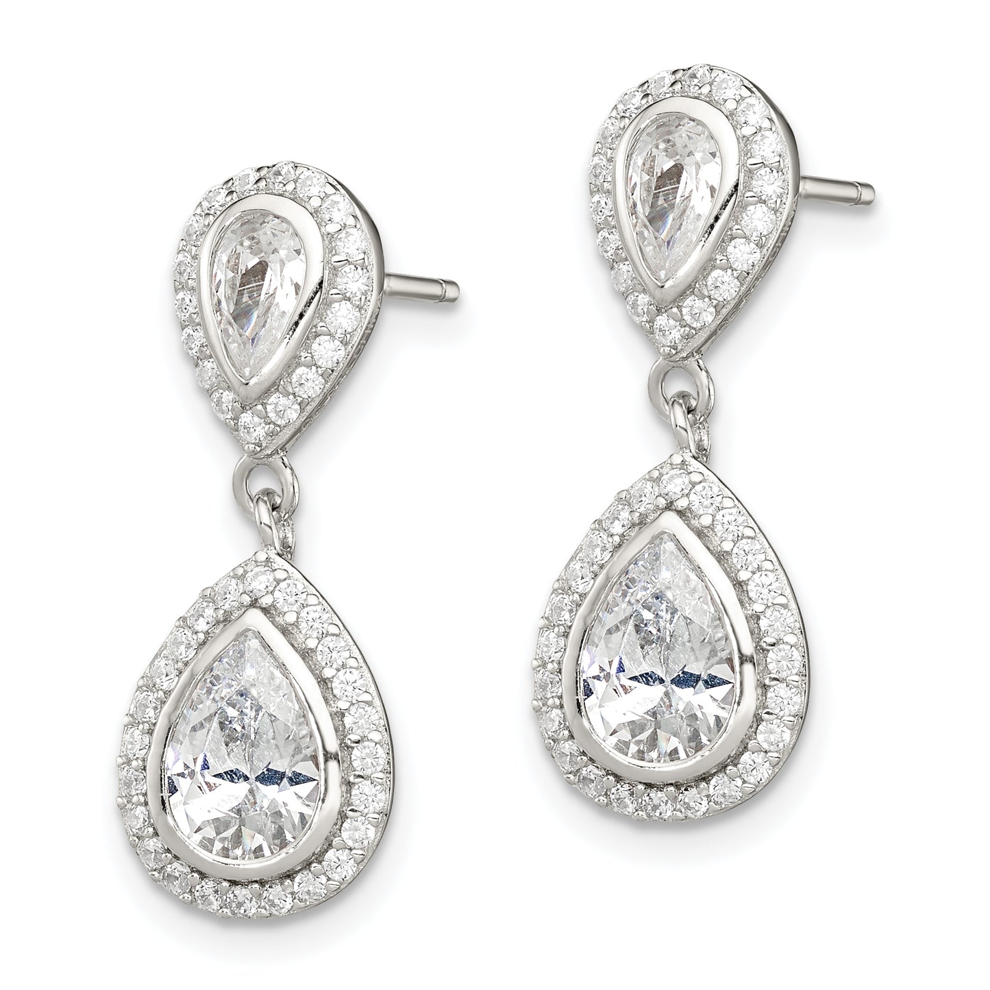 Sterling Silver Rhodium-Plated Polished Cz Pear Halo Post Dangle Earrings