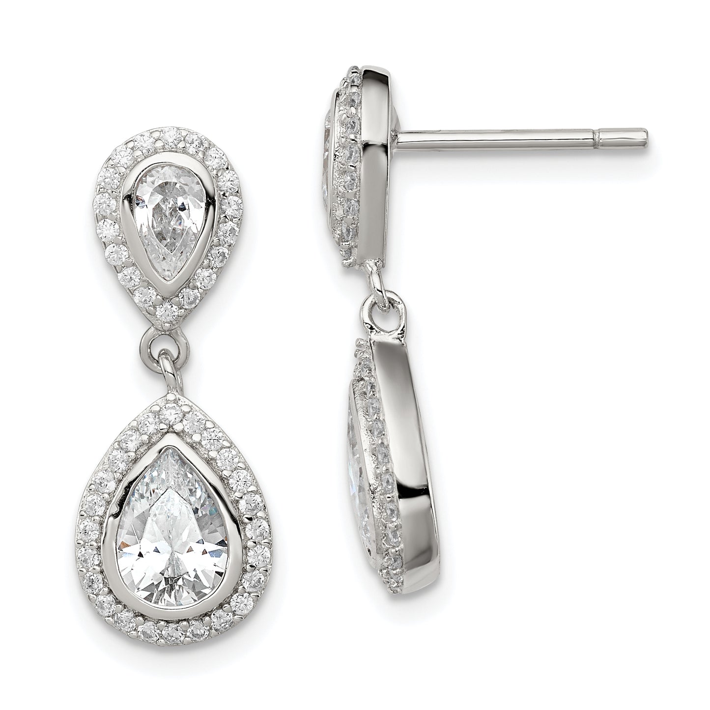 Sterling Silver Rhodium-Plated Polished Cz Pear Halo Post Dangle Earrings