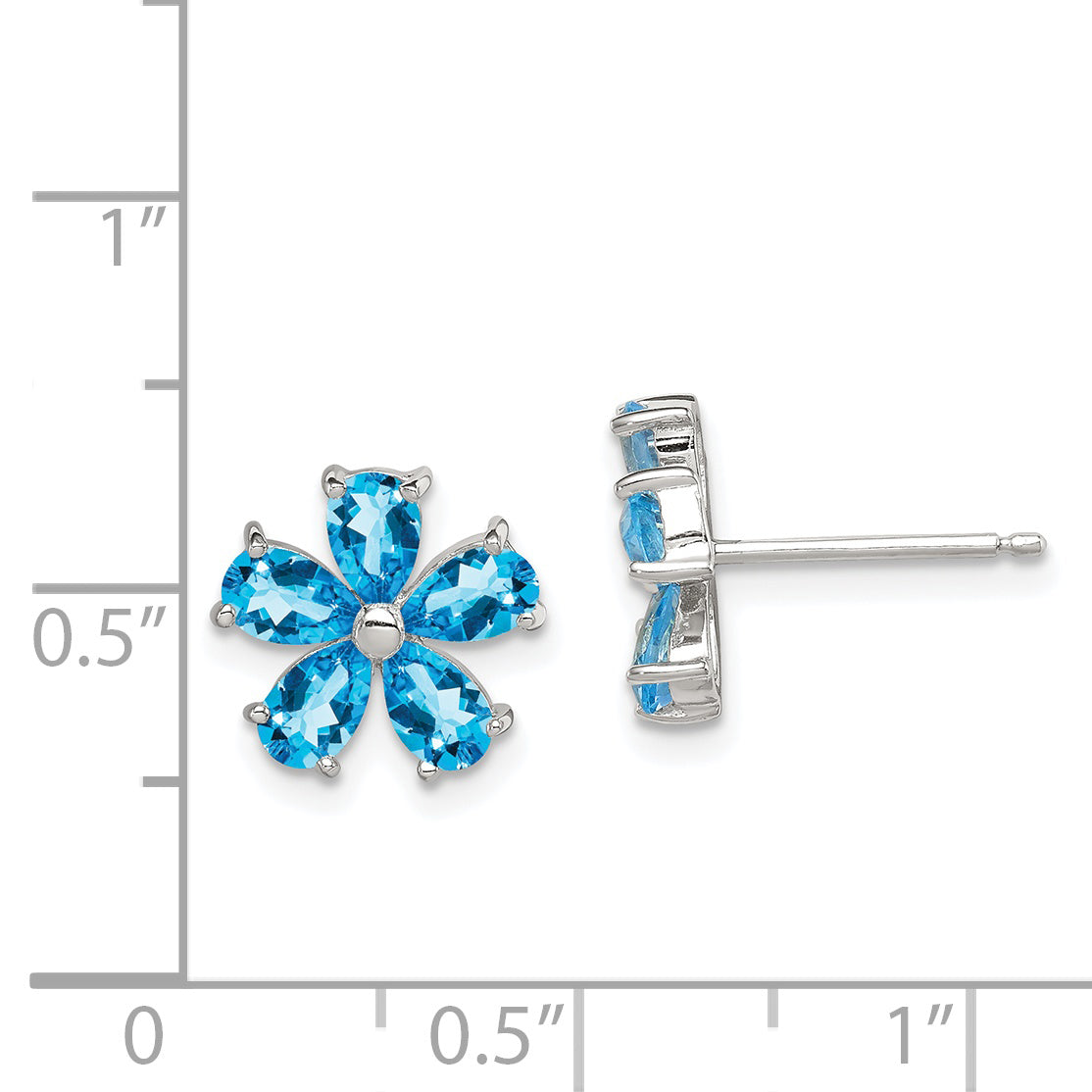 Sterling Silver Rhodium Plated Blue Topaz Flower Earrings