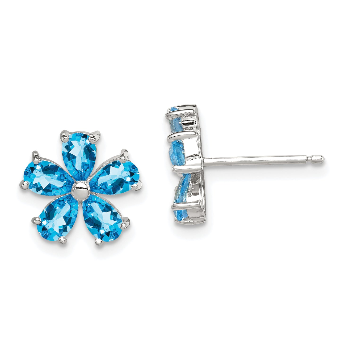 Sterling Silver Rhodium Plated Blue Topaz Flower Earrings