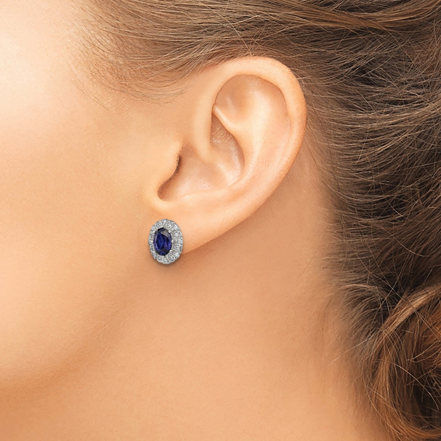 Sterling Silver Rh-Plated Cz And Created Sapphire Oval Halo Post Earring