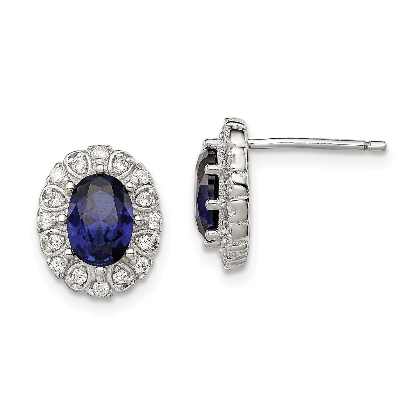 Sterling Silver Rh-Plated Cz And Created Sapphire Oval Halo Post Earring