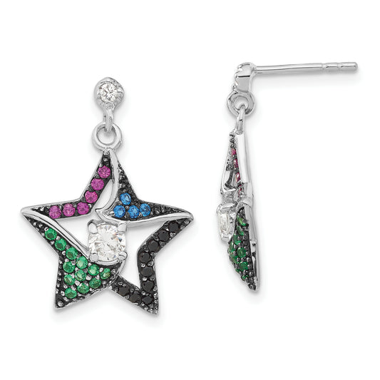 Sterling Silver W/ Black Rhodium Synthetic Spinel, Syn. Ruby & Cz Star Post Dangle Earrings