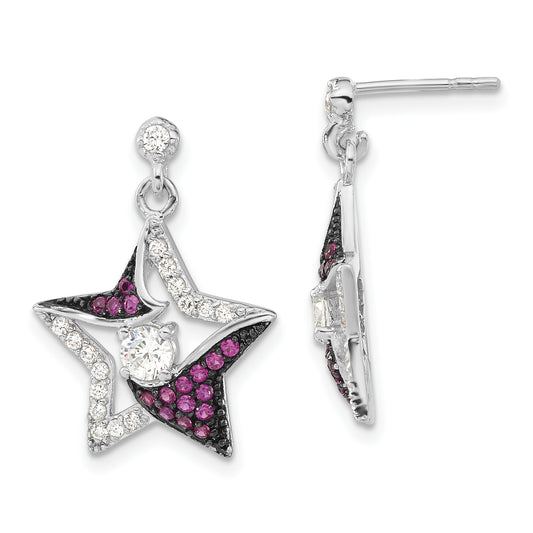 Sterling Silver W/ Black Rhodium Syn. Ruby & Cz Star Post Dangle Earrings