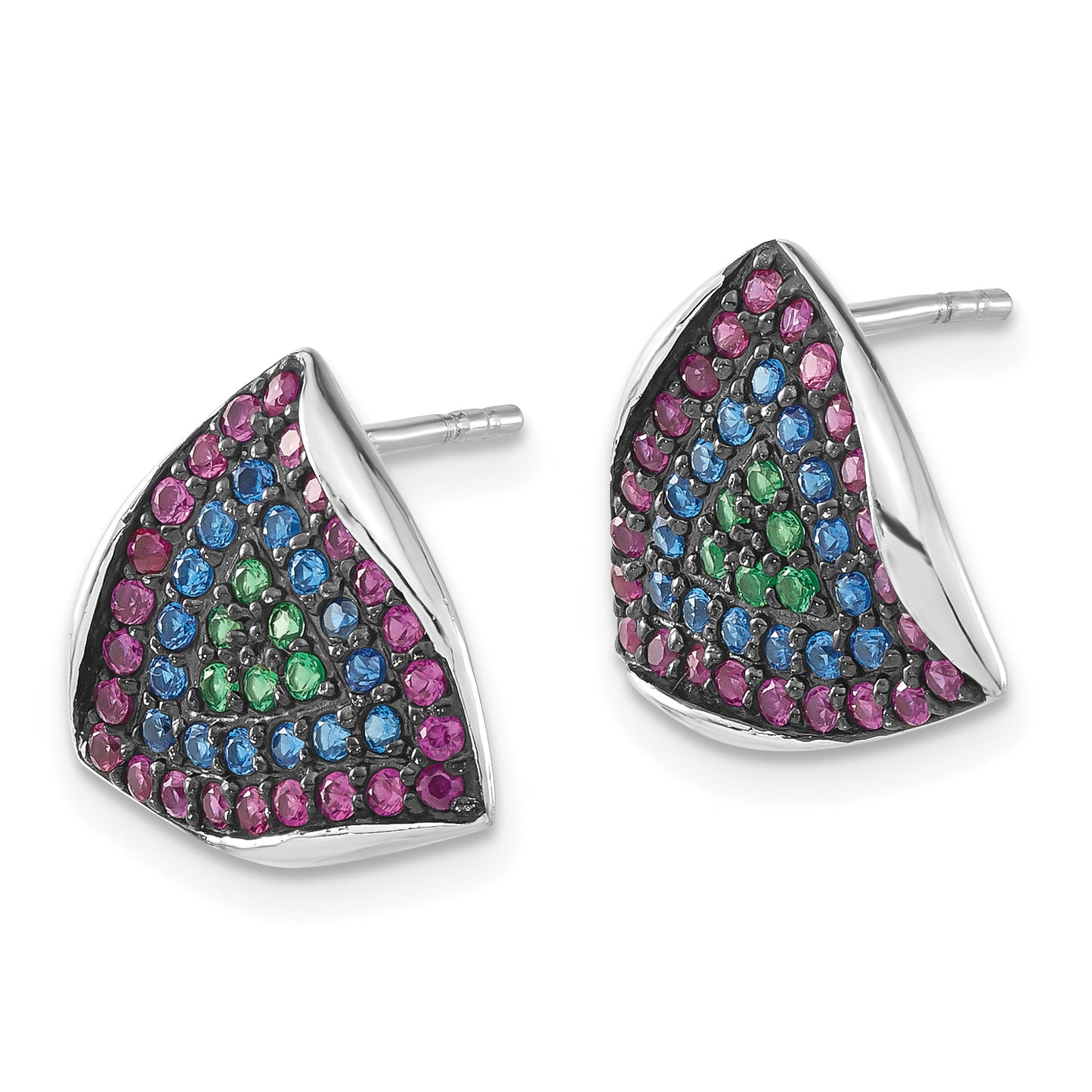 Sterling Silver W/ Black Rhodium Synthetic Spinel & Ruby Triangle Post Earrings