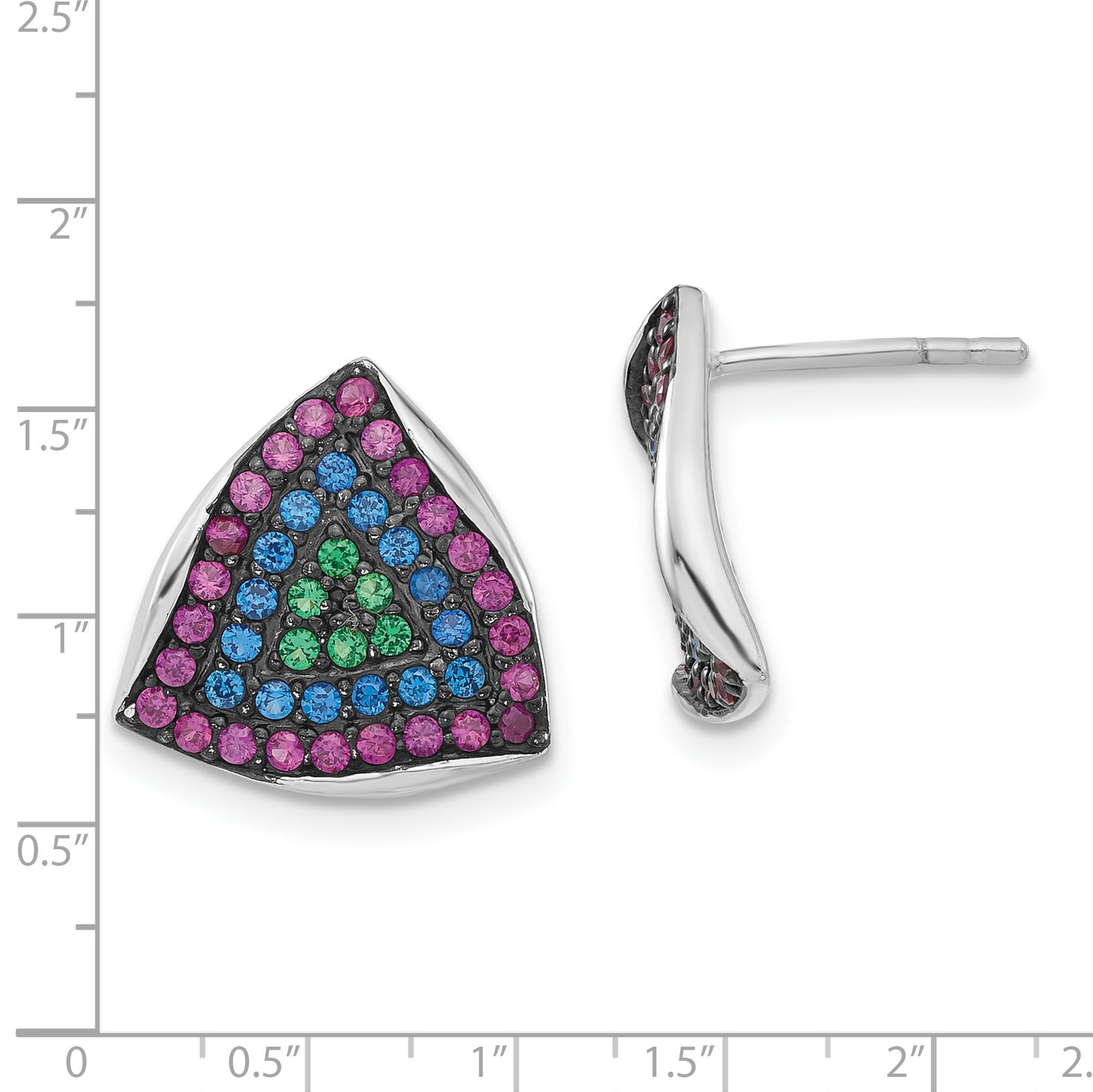 Sterling Silver W/ Black Rhodium Synthetic Spinel & Ruby Triangle Post Earrings