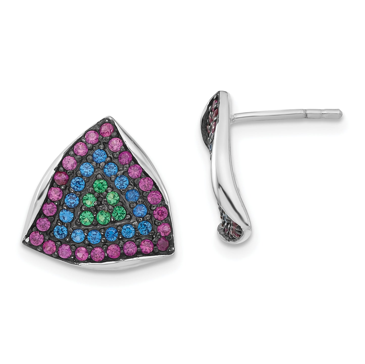 Sterling Silver W/ Black Rhodium Synthetic Spinel & Ruby Triangle Post Earrings