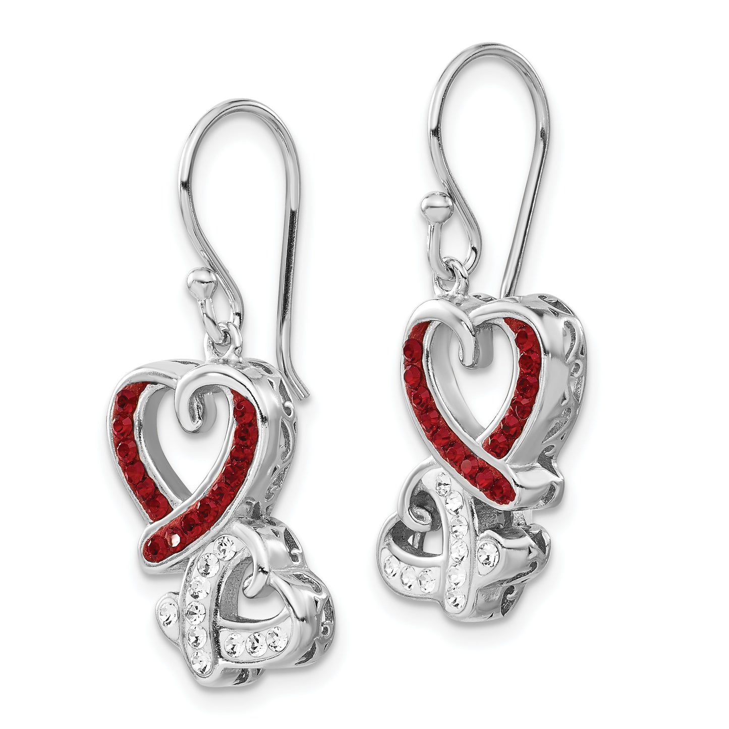 Sterling Silver Red & White Crystal Two Heart Dangle Earrings