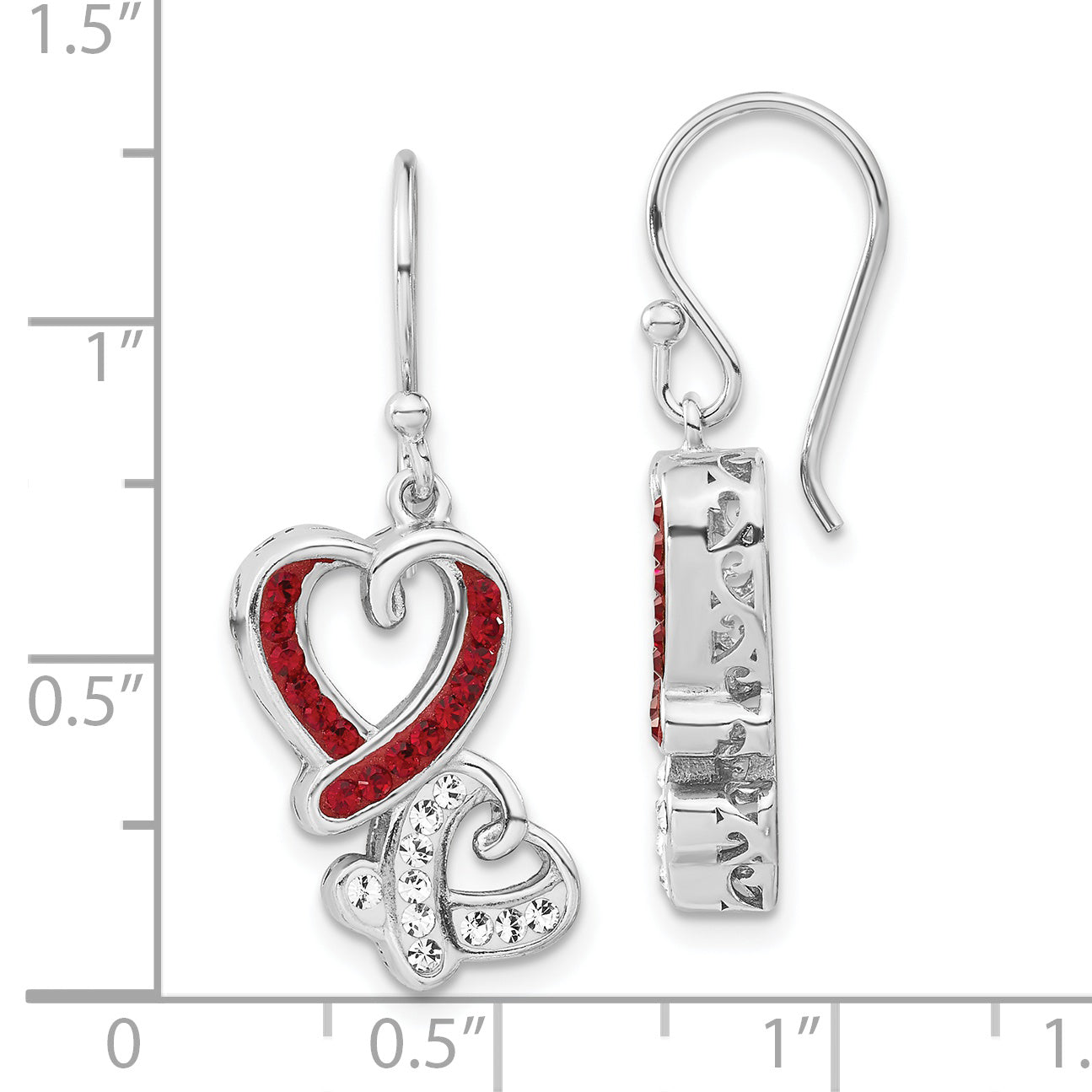 Sterling Silver Red & White Crystal Two Heart Dangle Earrings