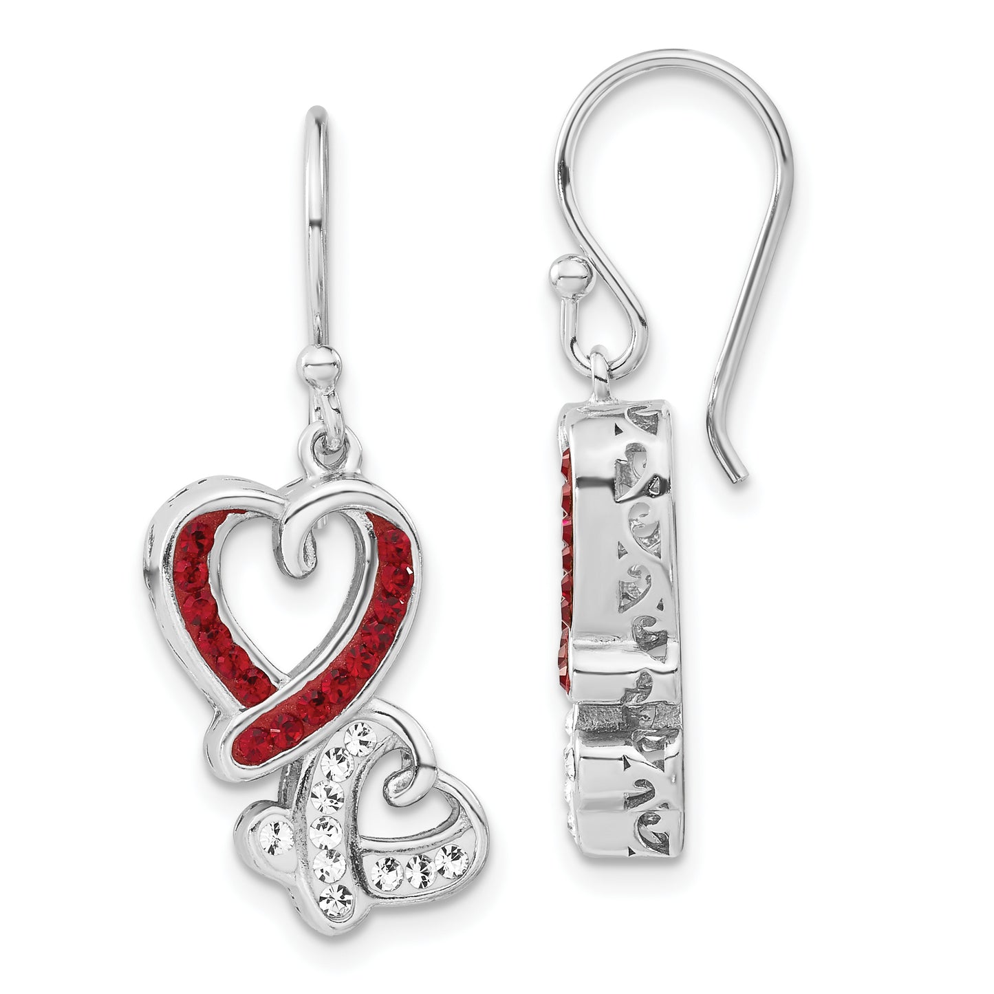 Sterling Silver Red & White Crystal Two Heart Dangle Earrings