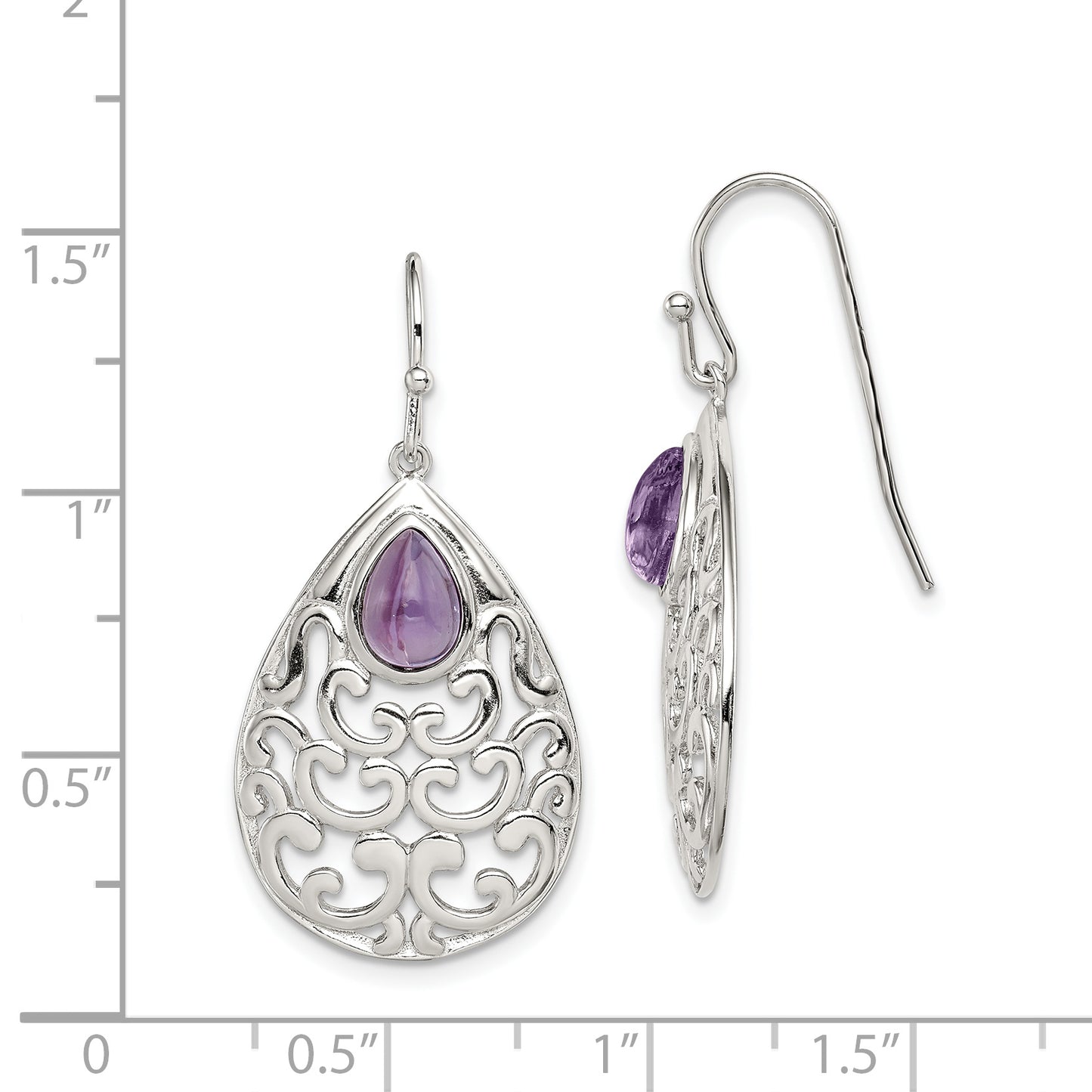 Sterling Silver Rhodium-Plated Amethyst Teardrop Shepherd Hook Earrings