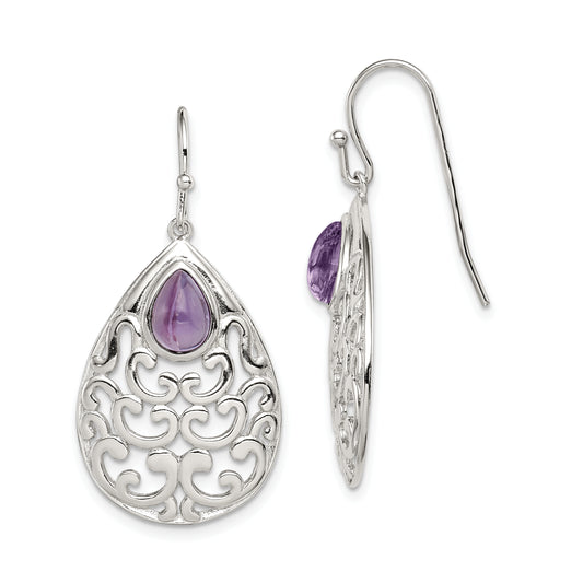 Sterling Silver Rhodium-Plated Amethyst Teardrop Shepherd Hook Earrings