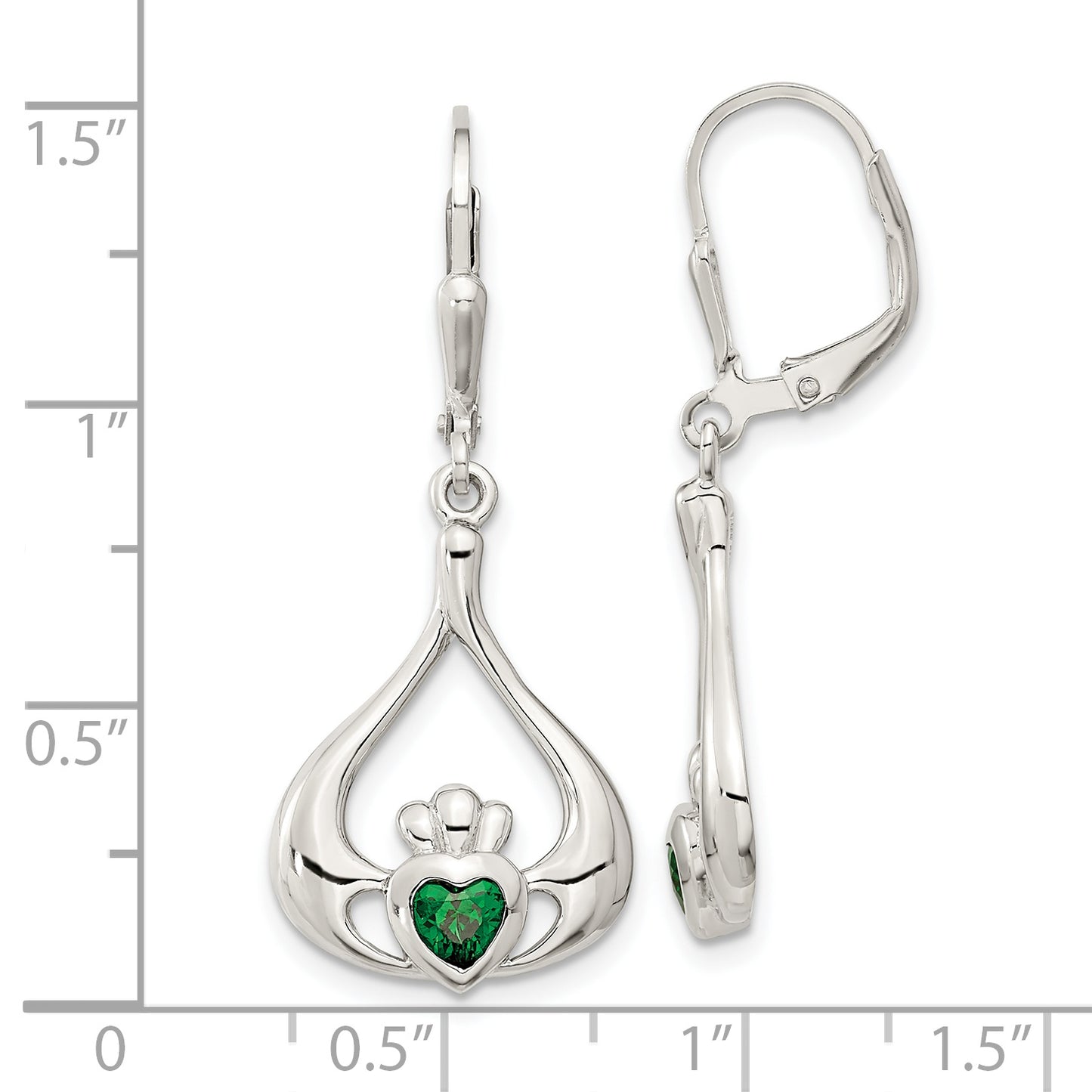 Sterling Silver Rhod-Pltd Grn Cz Heart Leverback Claddagh Dangle Earrings