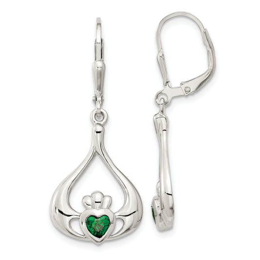 Sterling Silver Rhod-Pltd Grn Cz Heart Leverback Claddagh Dangle Earrings