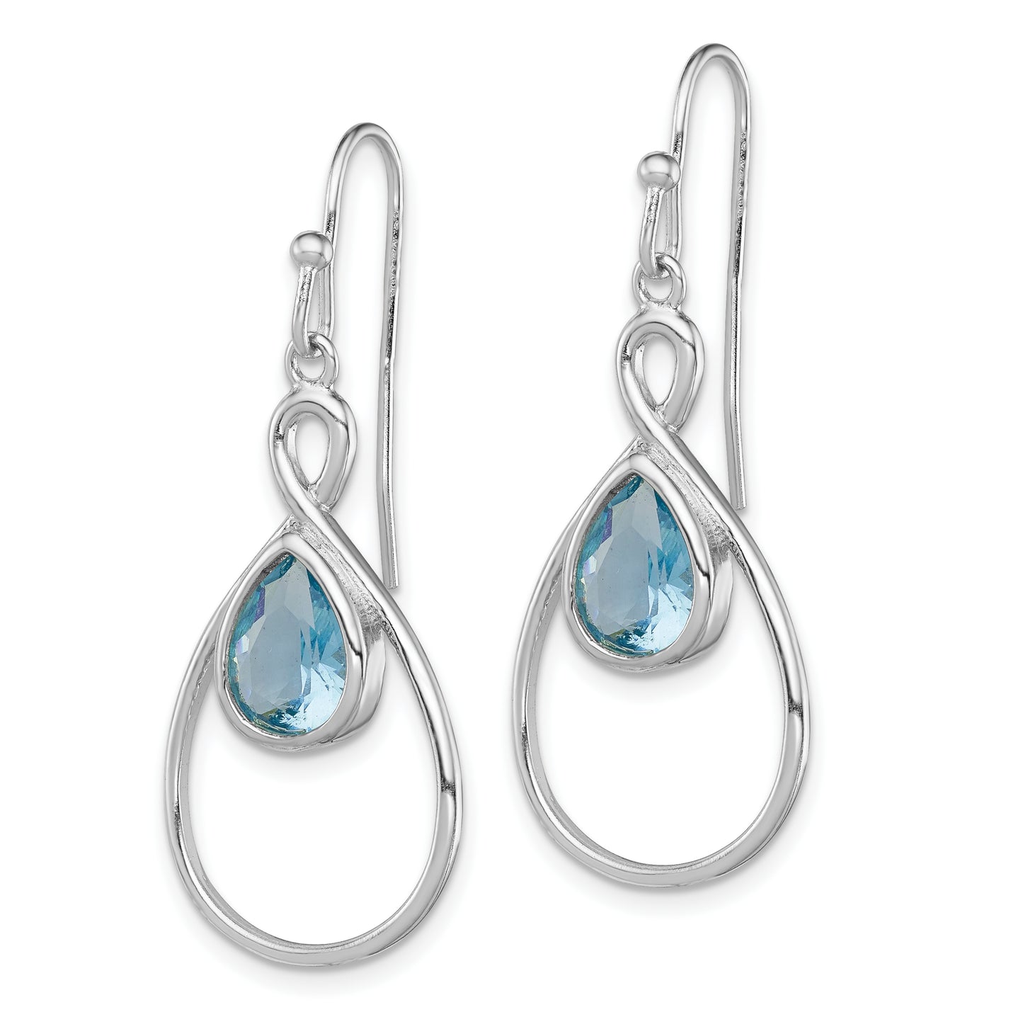 Sterling Silver Rh-Plated Polished Blue Glass Teardrop Dangle Earrings