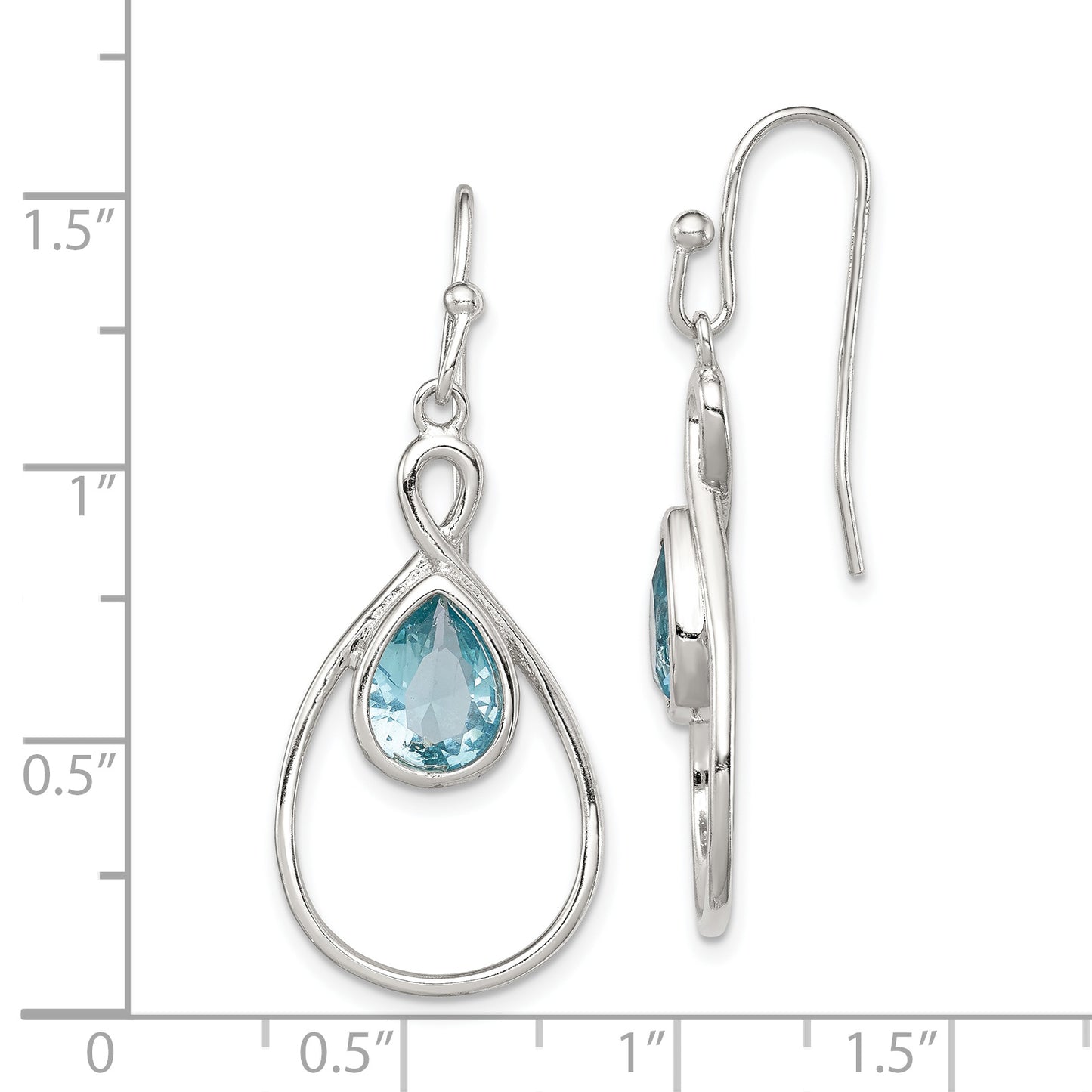 Sterling Silver Rh-Plated Polished Blue Glass Teardrop Dangle Earrings