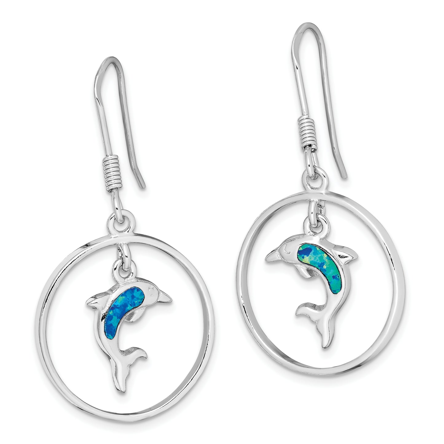 Sterling Silver Rhodium-Plated Polished Created Blue Opal Dolphin Dangle Earrings