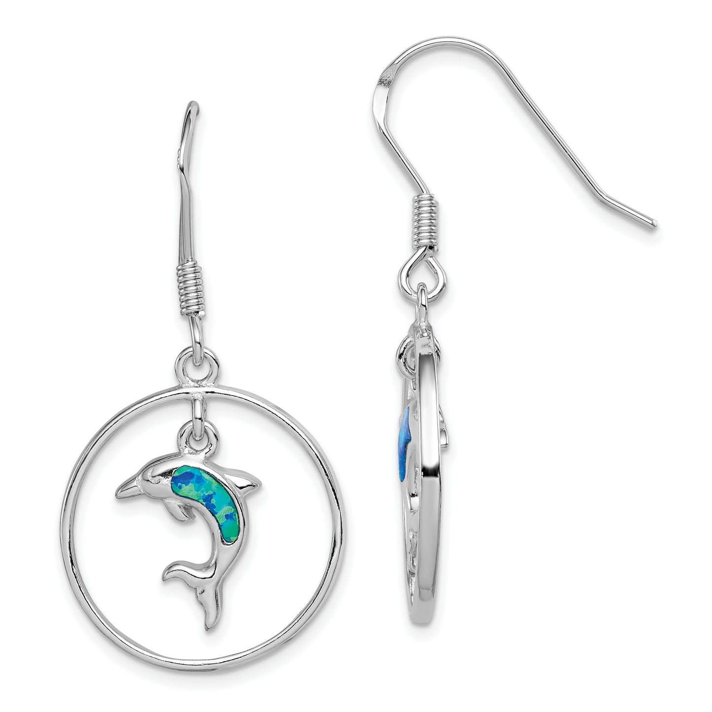 Sterling Silver Rhodium-Plated Polished Created Blue Opal Dolphin Dangle Earrings