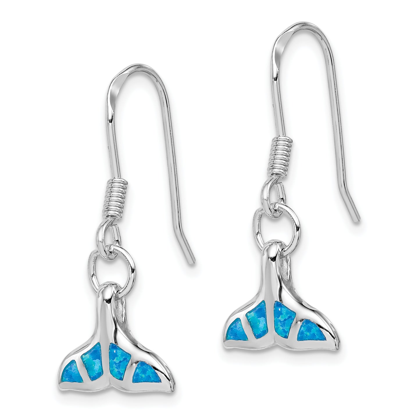 Sterling Silver Rhodium-Plated Created Opal Dolphin Tail Dangle Earrings