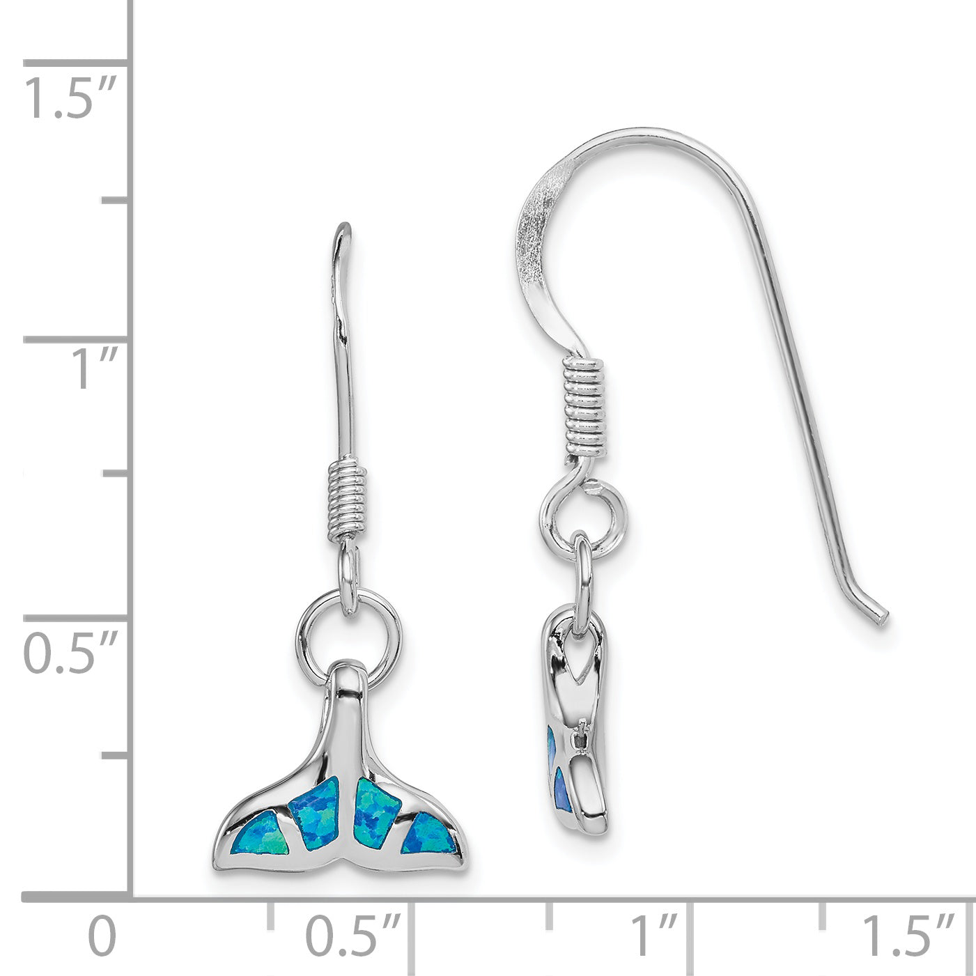 Sterling Silver Rhodium-Plated Created Opal Dolphin Tail Dangle Earrings