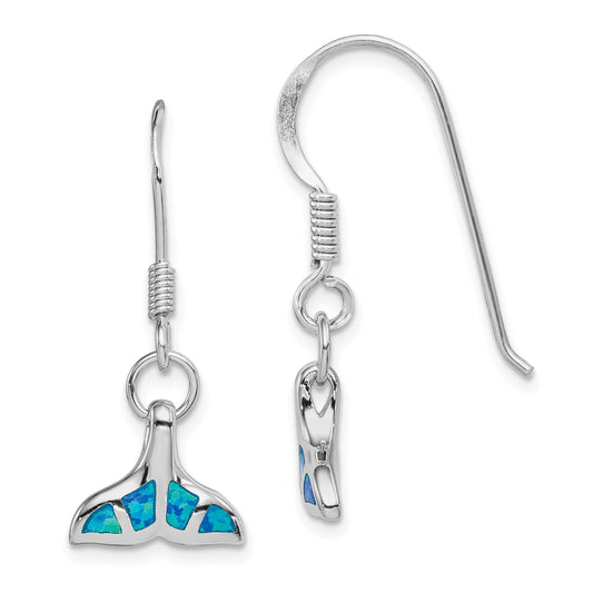 Sterling Silver Rhodium-Plated Created Opal Dolphin Tail Dangle Earrings