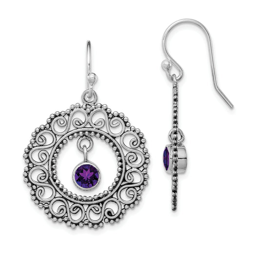 Sterling Silver Rhodium-Plated Antiqued Filigree Amethyst Dangle Earrings