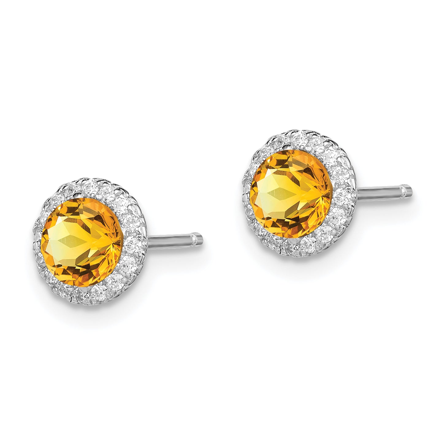 Sterling Silver Rhodium-Plated Citrine And Cz Post Earrings