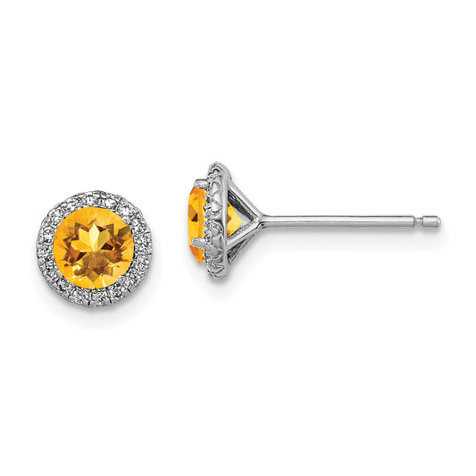 Sterling Silver Rhodium-Plated Citrine And Cz Post Earrings