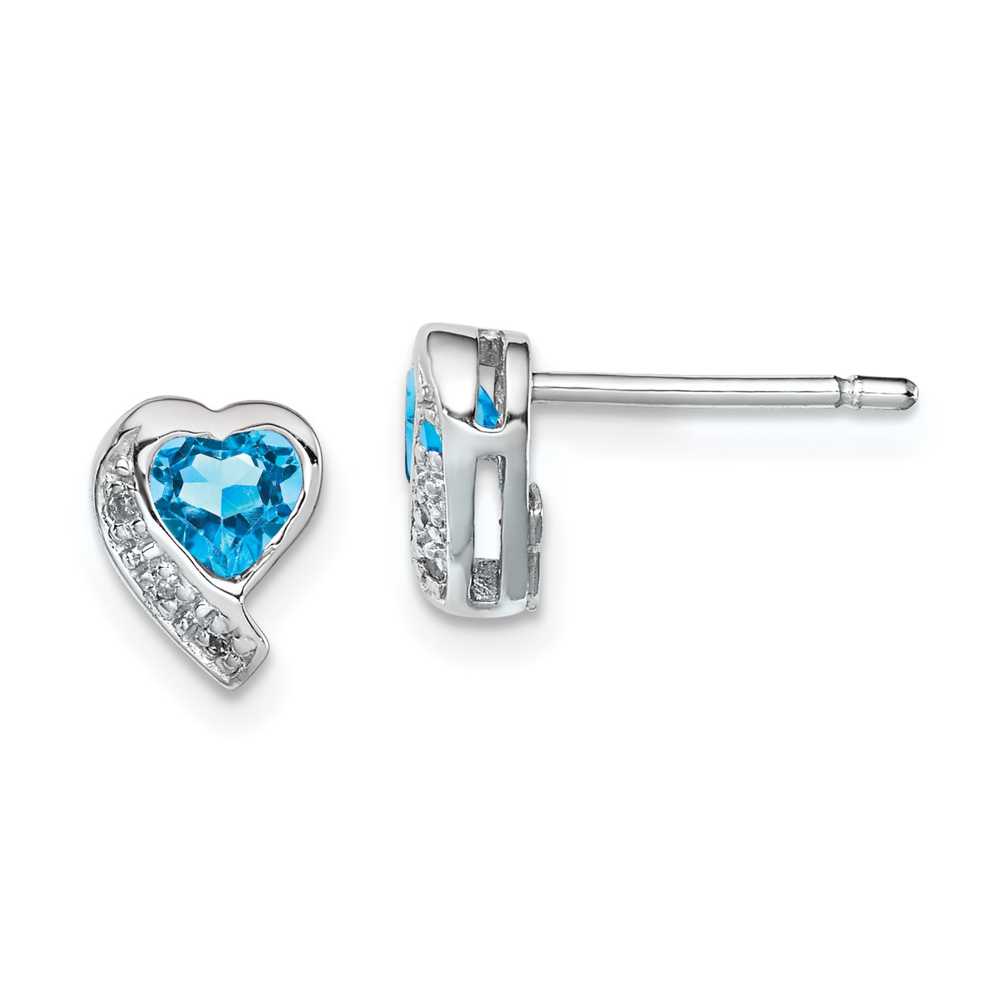 Sterling Silver Rhodium-Plated Blue Topaz And Diamond Heart Earrings